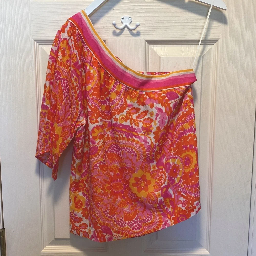 Trina Turk One Shoulder Linen Blend Top EUC